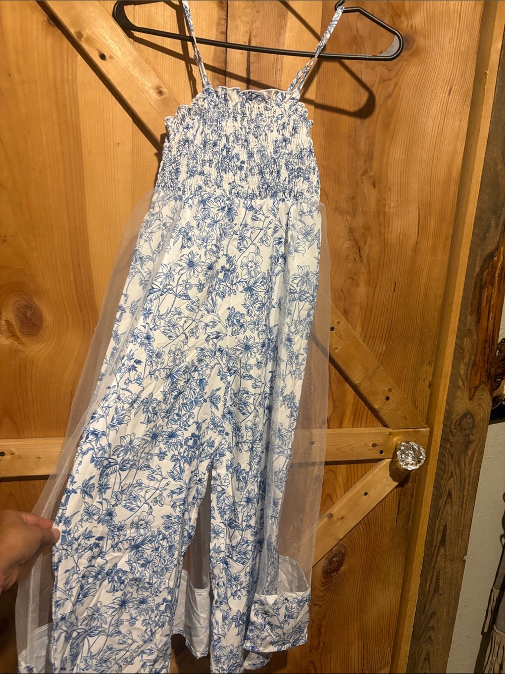 Amazon Blue and White Floral Smocked Bodysuit with Tulle Overlay